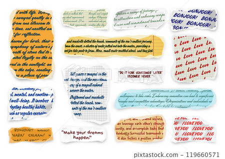 Ripped paper strips with handwritten text. Realistic crumpled paper scraps with torn edges. Shreds of notebook, book or old newspaper pages. Trendy collage elements. Vector illustration Ripped paper strips with handwritten text. Realistic crumpled paper scraps with torn edges. Shreds of notebook, book or old newspaper pages. Trendy collage elements. Vector illustration 119660571