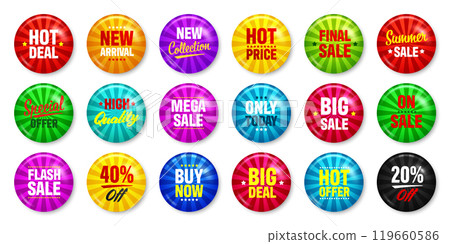 Realistic funky badges with text. Product promotion, sale. Special offer. Glossy round button. Pin badge mockup. Vector illustration Realistic funky badges with text. Product promotion, sale. Special offer. Glossy round button. Pin badge mockup. Vector illustration 119660586