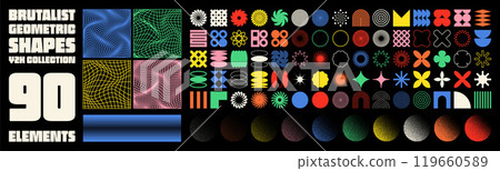 Brutalist geometric shapes, modern symbols. Groovy checkered pattern, distorted tiled grid. Simple elements, forms. Retro design, trendy contemporary minimalist style, y2k. Vector illustration 119660589