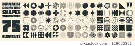Brutalist geometric shapes, modern symbols. Simple primitive elements and forms. Retro design, trendy contemporary minimalist style, y2k. Vector illustration Brutalist geometric shapes, modern symbols. Simple primitive elements and forms. Retro design, trendy contemporary minimalist style, y2k. Vector illustration 119660591
