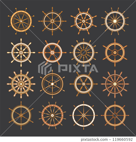 Wooden vintage steering wheels. Ship, sailboat or yacht retro wheel symbol. Brown nautical rudder icon. Marine logotype design element. Vector illustration Wooden vintage steering wheels. Ship, sailboat or yacht retro wheel symbol. Brown nautical rudder icon. Marine logotype design element. Vector illustration 119660592