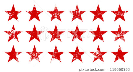Red vintage stars with cracks and stains. Old hand-drawn sign, black simple shape. Retro design element with distressed effect, grunge texture. Vector illustration Red vintage stars with cracks and stains. Old hand-drawn sign, black simple shape. Retro design element with distressed effect, grunge texture. Vector illustration 119660593