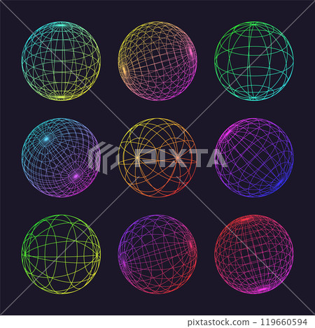 Neon wireframe shapes, lined sphere. Perspective mesh, 3d grid. Low poly geometric elements. Retro futuristic design elements, y2k, vaporwave and synthwave style. Vector illustration 119660594