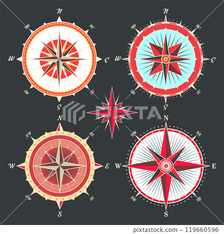 Vintage marine wind rose, nautical chart. Colorful navigational compass with cardinal directions of North, East, South, West. Geographical position, cartography and navigation. Vector illustration 119660596