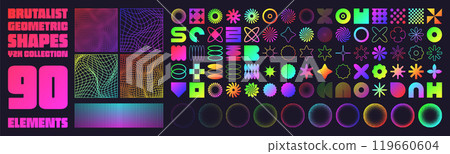 Brutalist geometric shapes, neon modern symbols. Groovy checkered pattern, distorted tiled grid. Simple elements, forms. Retro design, trendy contemporary minimalist style, y2k. Vector illustration Brutalist geometric shapes, neon modern symbols. Groovy checkered pattern, distorted tiled grid. Simple elements, forms. Retro design, trendy contemporary minimalist style, y2k. Vector illustration 119660604