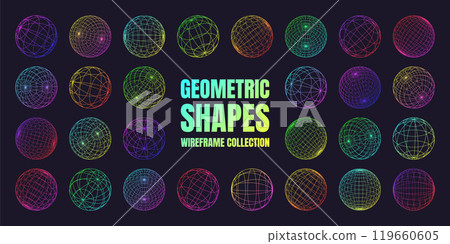 Neon wireframe shapes, lined sphere. Perspective mesh, 3d grid. Low poly geometric elements. Retro futuristic design elements, y2k, vaporwave and synthwave style. Vector illustration Neon wireframe shapes, lined sphere. Perspective mesh, 3d grid. Low poly geometric elements. Retro futuristic design elements, y2k, vaporwave and synthwave style. Vector illustration 119660605