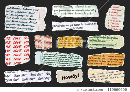 Ripped paper strips with handwritten text. Realistic crumpled paper scraps with torn edges. Shreds of notebook, book or old newspaper pages. Trendy collage elements. Vector illustration 119660606