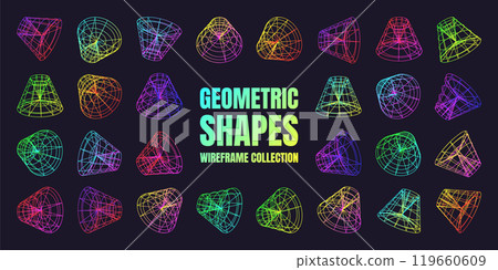 Neon lined wireframe shapes. Perspective mesh, 3d grid. Low poly geometric elements. Retro futuristic design elements, y2k, vaporwave and synthwave style. Vector illustration 119660609