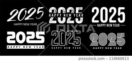 Set of 2025 Happy New Year greeting text designs. Christmas banner, poster, festive greeting card or seasonal promotion template. Collection of 2025 numbers with greetings. Vector illustration Set of 2025 Happy New Year greeting text designs. Christmas banner, poster, festive greeting card or seasonal promotion template. Collection of 2025 numbers with greetings. Vector illustration 119660613