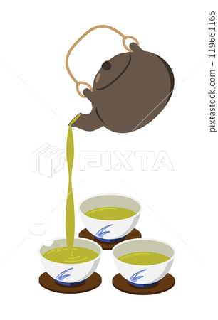 將茶放入茶壺中翻轉,將茶倒入茶杯的插圖 將茶放入茶壺中翻轉,將茶倒入茶杯的插圖 119661165