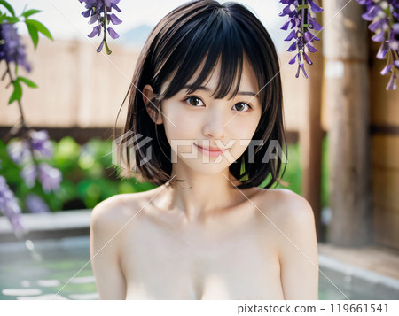 一位年輕女子在紫藤花盛開的溫泉露天浴池裡洗澡 119661541