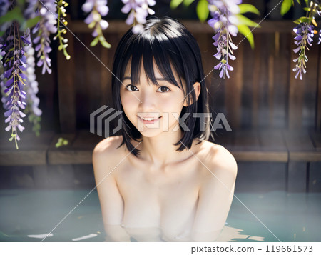 Young woman bathing in an open-air hot spring bath with wisteria flowers blooming Young woman bathing in an open-air hot spring bath with wisteria flowers blooming 119661573