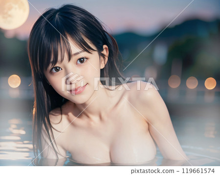 Young woman bathing in an open-air hot spring bath on a full moon night Young woman bathing in an open-air hot spring bath on a full moon night 119661574