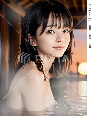 日落時分，年輕女子在溫泉露天浴池洗澡 119661575