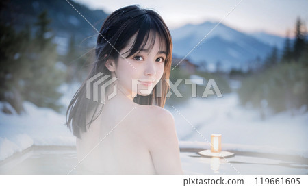 冬天風景中，年輕女子在溫泉露天浴池洗澡 119661605