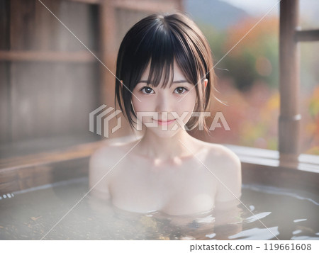 Young woman bathing in an open-air hot spring bath with autumn leaves Young woman bathing in an open-air hot spring bath with autumn leaves 119661608