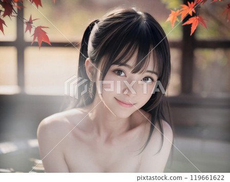 Young woman bathing in an open-air hot spring bath with autumn leaves Young woman bathing in an open-air hot spring bath with autumn leaves 119661622