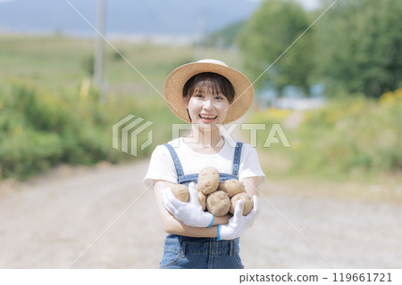 Young woman harvesting potatoes Young woman harvesting potatoes 119661721