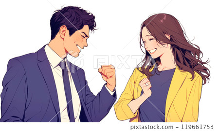 男性和女性商人用拳頭泵歡欣鼓舞 男性和女性商人用拳頭泵歡欣鼓舞 119661753