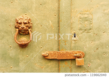 Detail of a knocker and a bolt on an old door 119662040
