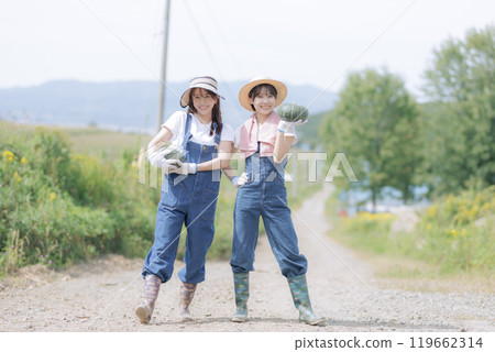年輕婦女帶著收穫的蔬菜行走 119662314