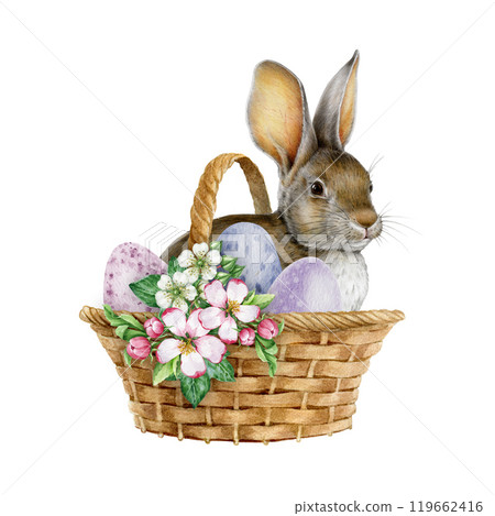 Cute Easter bunny in a basket with painted eggs and flower decor. Watercolor vintage style painted illustration. Hand drawn funny rabbit in a wicker basket Ester festive decoration, white background Cute Easter bunny in a basket with painted eggs and flower decor. Watercolor vintage style painted illustration. Hand drawn funny rabbit in a wicker basket Ester festive decoration, white background 119662416