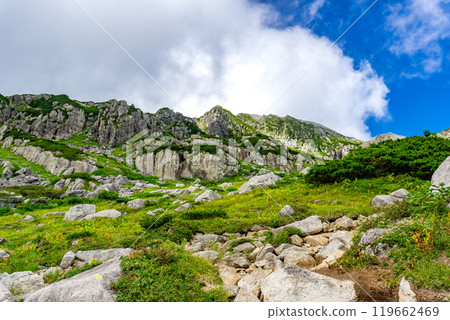 從彎道上看到的黑部五郎山 攀登北阿爾卑斯山的黑部五郎山 119662469