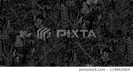 Thin White Line Art Illustration featuring Seamless Pattern of Various Mushrooms and Plants, Herbs and Leaves on Black Background. Design for Textiles, Fabrics, Wallpapers, Wrappings. Thin White Line Art Illustration featuring Seamless Pattern of Various Mushrooms and Plants, Herbs and Leaves on Black Background. Design for Textiles, Fabrics, Wallpapers, Wrappings. 119662664