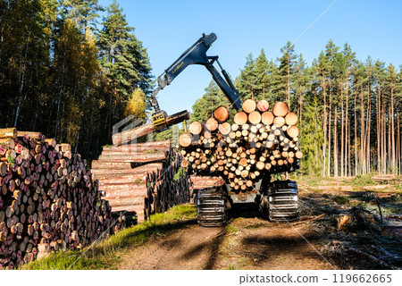 Forwarder tractor for wood transport. Tractor with trailer loaded with logs. Forestry tractor Forwarder tractor for wood transport. Tractor with trailer loaded with logs. Forestry tractor 119662665