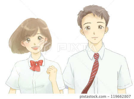 Illustration of men and women in uniforms, fist pump 119662807