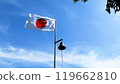 日本國旗和鐘聲在風中飄揚 119662810