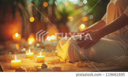 Person meditating with lit candles and healing crystals. Relaxation and mindfulness. Faceless image 119662895