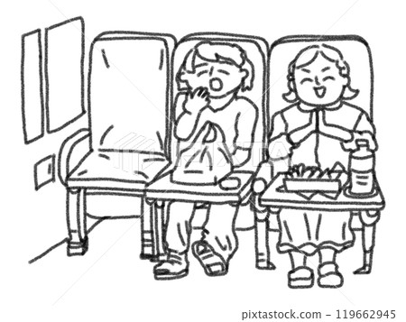 一個人在新幹線上吃車站便當的鉛筆式線條畫插圖 119662945