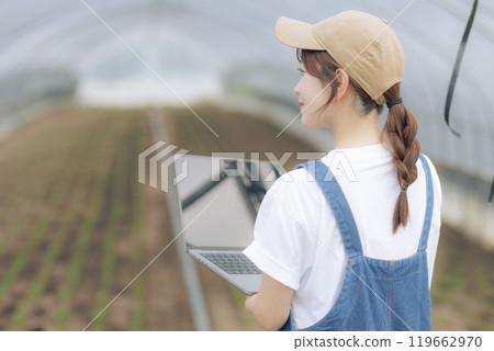 使用數位設備管理農作物的年輕女性 使用數位設備管理農作物的年輕女性 119662970