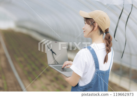 使用數位設備管理農作物的年輕女性 119662973