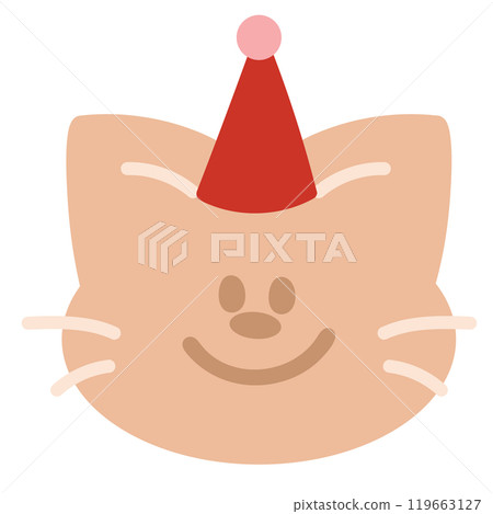 Cute illustration of cat wearing party hat for Christmas and New Year festive decoration, pet shop, vet, kitten cartoon, celebration, adopt and rescue animal, sticker, birthday card, patch, doll, toy Cute illustration of cat wearing party hat for Christmas and New Year festive decoration, pet shop, vet, kitten cartoon, celebration, adopt and rescue animal, sticker, birthday card, patch, doll, toy 119663127