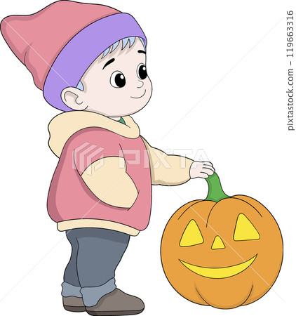 Cute Little Child Dressed Warmly Holding a Smiling Halloween Pumpkin in a Cartoon Style Illustration Cute Little Child Dressed Warmly Holding a Smiling Halloween Pumpkin in a Cartoon Style Illustration 119663316