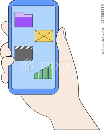 Hand Holding Smartphone Displaying Multifunctional Apps for Communication, Entertainment, Finance, and Work 119663319