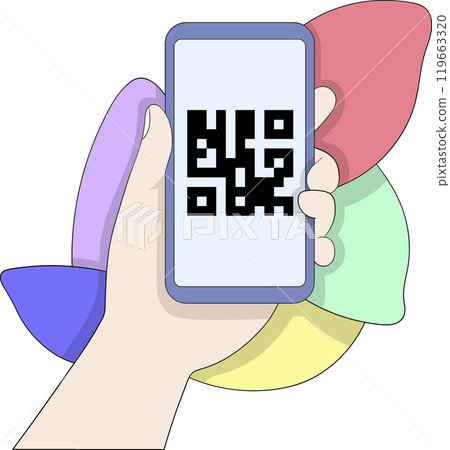 Hand Holding Smartphone Displaying QR Code for Quick and Easy Transactions in Modern Trendy Style 119663320