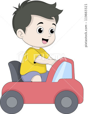 Happy Little Boy Riding a Toy Car in a Bright and Cheerful Cartoon Style Illustration 119663321