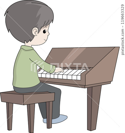 Young Child Practicing Piano in a Calm Cartoon Style Illustration for Music Education Themes 119663329