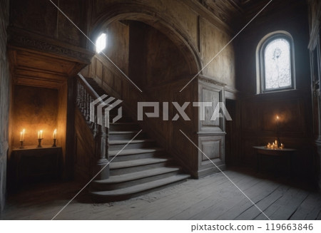 interior of old house hall with stairs 119663846