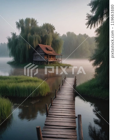 wooden house and bridge on the lake 119663880
