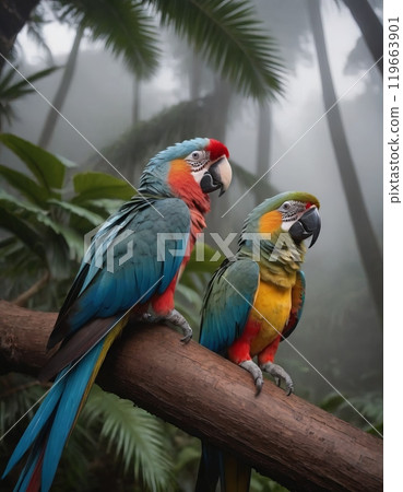 pair of parrots in the forest 119663901