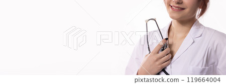 Smiling Female Doctor Wearing a Stethoscope in a White Medical Coat Providing Care 119664004