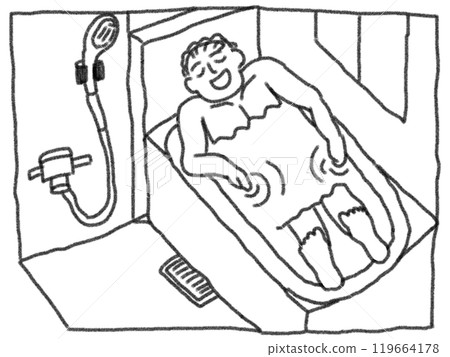以鉛筆畫風格在浴缸中放鬆的人的線條畫插圖 119664178