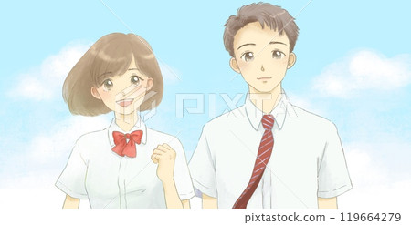Illustration of men and women in uniforms and blue sky, fist pump 119664279
