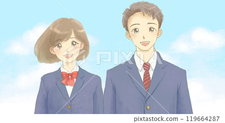 Illustration of men and women in uniforms and blue sky, blazer Illustration of men and women in uniforms and blue sky, blazer 119664287