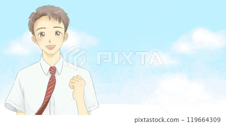 一個穿著制服和藍天拳頭姿勢的男孩的插圖 119664309