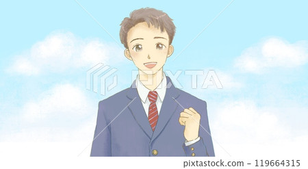 Illustration of a boy in uniform and blue sky, fist pump Illustration of a boy in uniform and blue sky, fist pump 119664315